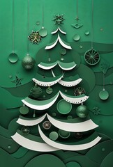 Sticker - A paper cut of a christmas tree, surrounded by christmas ornaments against a green background.