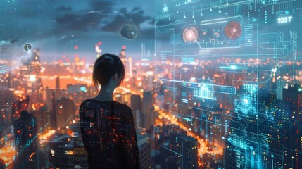 Wall Mural - Business, Finance and Investment Concepts: The future of digital technology, Double exposure of business people and city landscape