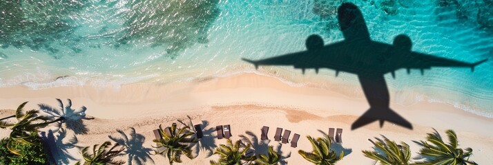 Sticker - Aerial view of an airplane shadow flying over the beach with blue water and palm trees