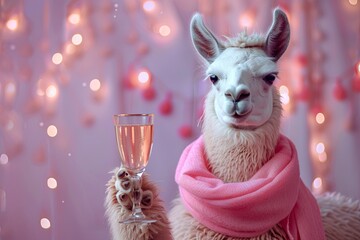 Poster - Chic Llama: A llama wearing a fashionable scarf and balancing a glass of champagne on its back, set against a pastel background banner