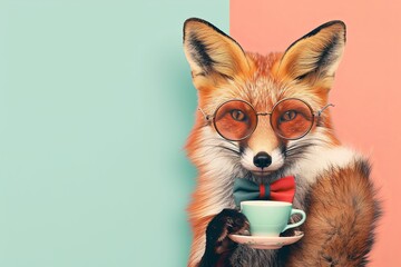 Wall Mural - Debonair Fox: A fox wearing a monocle and bow tie, holding a cup of coffee with its tail