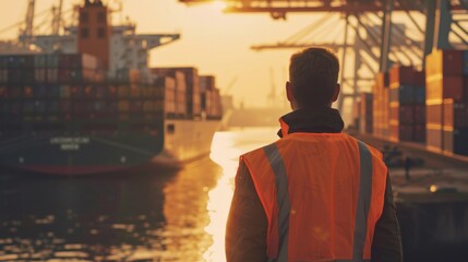 Wall Mural - Man looks out over shipping yard.