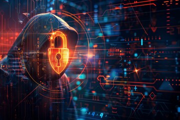 an abstract digital background with a hooded figure and a glowing padlock, highlighting the concept 