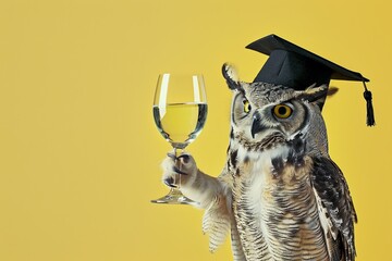 Wall Mural - Elegant Owl: A wise-looking owl wearing a graduation cap and holding a glass of white wine with its talon end of education school univercity