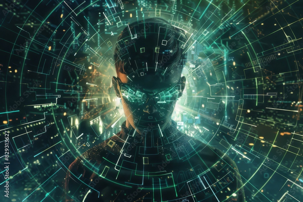 An artistic rendering of a hacker surrounded by a digital matrix, with ...