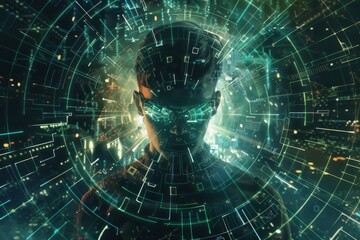 An artistic rendering of a hacker surrounded by a digital matrix, with encrypted codes and security breaches depicted