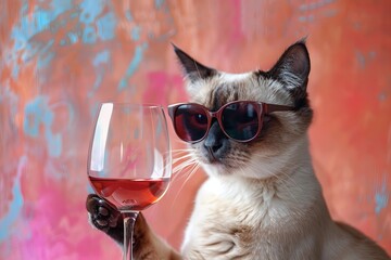 Wall Mural - Glamorous Cat: A sophisticated Siamese cat wearing designer sunglasses and holding a glass of red wine with its paw