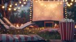 © Mari - Outdoor movie night with a projector screen, popcorn, and comfy seating, blurred background