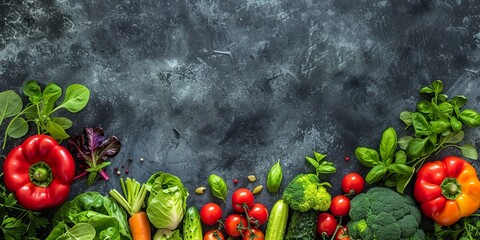 Wall Mural - laid out fresh vegetables top view, with copy space