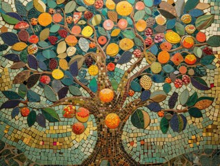 Colorful mosaic tree laden with assorted fruits, symbolizing abundance and diversity. An exquisite representation of nature's bounty in tile art