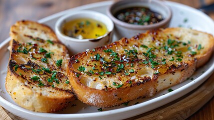 Wall Mural - A plate of buttery garlic bread, perfect for dipping.