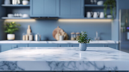 Modern empty white marble table or kitchen island on blue color furniture, blurred bokeh kitchen room interior background. For display of assembly products.