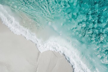 Poster - tile placed on a white sandy beach, with the clear aqua waves rolling in, offering a unique and artistic summer feel