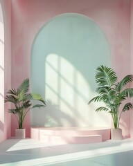 minimalistic pastel-coloured interior with a podium and a n arch, the perfect perspective for a fashion photoshoot, mockup, product stage