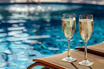 Poster - two glasses of champagne on a table near a brown sun lounger in a pool with blue water, view from the hotel