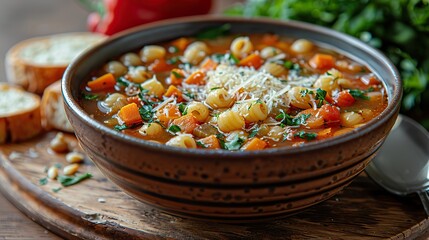 Wall Mural - A bowl of hearty minestrone soup, filled with vegetables and pasta.