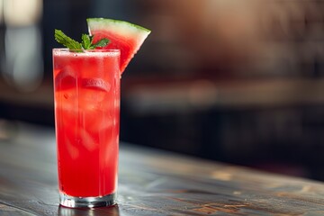 Poster - Watermelon Fizz: A tall glass of watermelon fizz, decorated with a small watermelon wedge and a sprig of mint