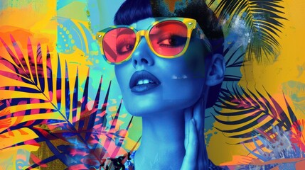 A vibrant abstract background featuring a blue human silhouette and tropical foliage with vivid colors and patterns