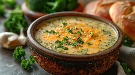 Canvas Print - A bowl of creamy broccoli cheddar soup, served in a bread bowl.