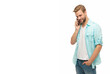 © be free - Millennial man has phone conversation. Voice contact. Man talk on smartphone. Phone call. Mobile communication. Communication. Man speak on smartphone isolated on white. Advertisement banner