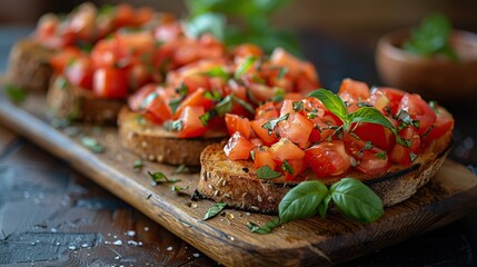 A serving of fresh bruschetta, with tomatoes and basil.