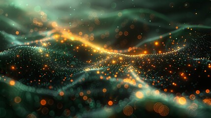 Abstract digital landscape with glowing dots and waves. Futuristic technology background with vibrant colors and flowing patterns.