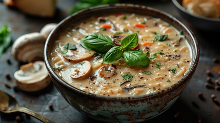 a bowl of creamy wild rice soup, filled with mushrooms.