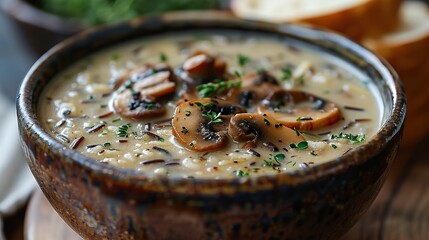 Wall Mural - A bowl of creamy wild rice soup, filled with mushrooms.