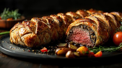 Wall Mural - A serving of savory beef Wellington, with a crispy pastry crust.