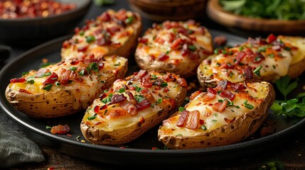 Wall Mural - A plate of crispy potato skins, topped with cheese and bacon.