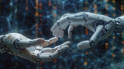 Leinwandbilder - A robotic hand and a human hand reaching towards each other, with a backdrop of binary code and complex algorithms. the collaboration between humans and AI in the digital age. Generative AI.