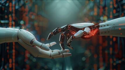 Leinwandbilder - A robotic hand and a human hand reaching towards each other, with a backdrop of binary code and complex algorithms. the collaboration between humans and AI in the digital age. Generative AI.