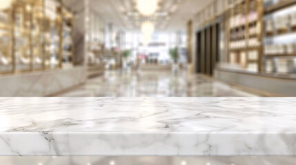 Empty white table top, counter, desk background over blur perspective bokeh light background, White marble stone table, shelf and blurred kitchen restaurant for food, product display mockup, template