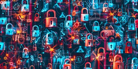 Poster - Intricate Cybersecurity Network Concept: Digital Locks, Data Streams in Vibrant Computer Network Design, Highlighting Modern Privacy Protection