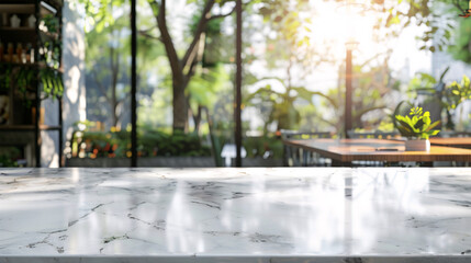 Empty white marble table top food stand with blur house kitchen background bokeh light,Mock up for product display or montage of design,Banner for advertise on online media.