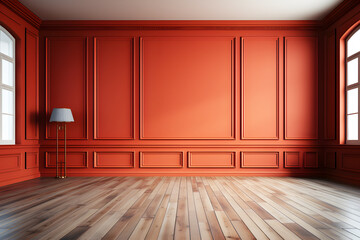 Wall Mural - Minimal style interior light orange empty room modern brown wood floor in sheets. Abstract Texture background. Sunlight shines through window, inside shadows. Beautiful art architecture.