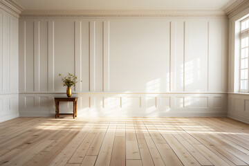 Wall Mural - Style interior white room modern white, wood floor in sheets. Sunlight shines through window, inside shadows. Vase of plants on brown table beside. Background Abstract Texture room decoration art.