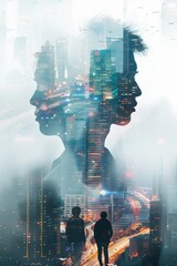 Wall Mural - Business, Finance and Investment Concepts: The future of digital technology, Double exposure of business people and city landscape