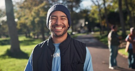 Sticker - Asian man, portrait and happy in park to relax on break, fun and chill on day off or leisure in New York. Laugh, smile and satisfied with holiday or vacation on morning walk for self care or wellness