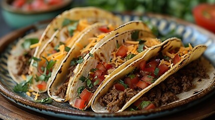 Wall Mural - A plate of savory beef tacos, topped with cheese and salsa.