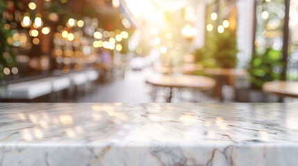 empty marble table and coffee shop blur background with bokeh image.