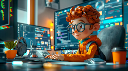 3D clay style character developing software surrounded by code and tech gadgets