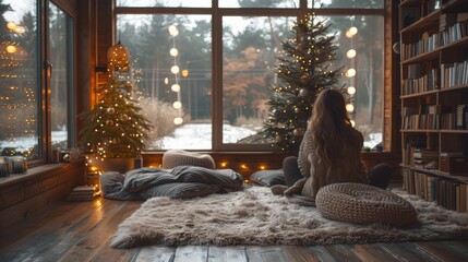 Sticker - Create a cozy reading nook in your modern home with a minimalist Christmas tree adorned with string lights and a