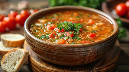 Wall Mural - A bowl of hearty tomato and lentil soup, perfect for winter.