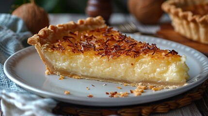 Wall Mural - A slice of creamy coconut custard pie, with a flaky crust.