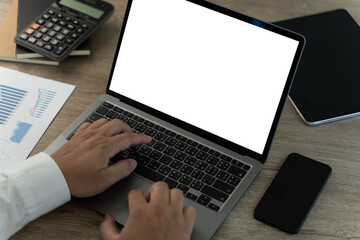 Wall Mural - Close up of male hands and laptop with Using blank screen office room and copy space close up mock up screen view