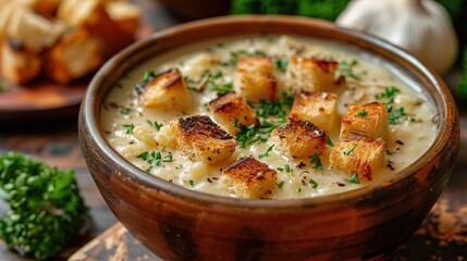 Wall Mural - A bowl of creamy roasted garlic soup, garnished with croutons.