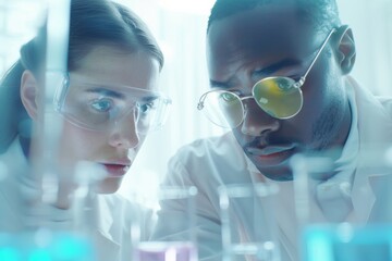 Aufkleber - Diverse Scientists in High-Tech Lab: Caucasian Woman and African Man Researching In Vitro Gametogenesis, Morning Focus and Dedication Scene