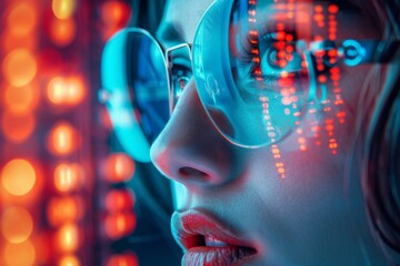 Leinwandbilder - Young Woman Engaged in Virtual Reality Experience with Data Privacy Symbols, Illustrating Secure Future Interactions