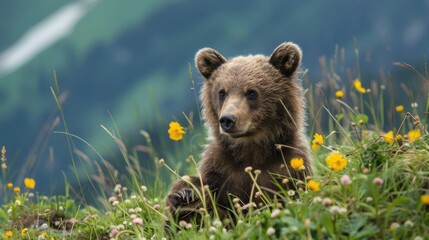 Wall Mural - Brown bear cub in grass with yellow flowers on a mountain meadow
